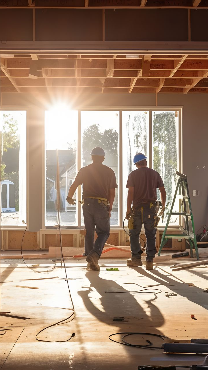 Un immeuble en construction, la lumière du soleil inondant les fenêtres.