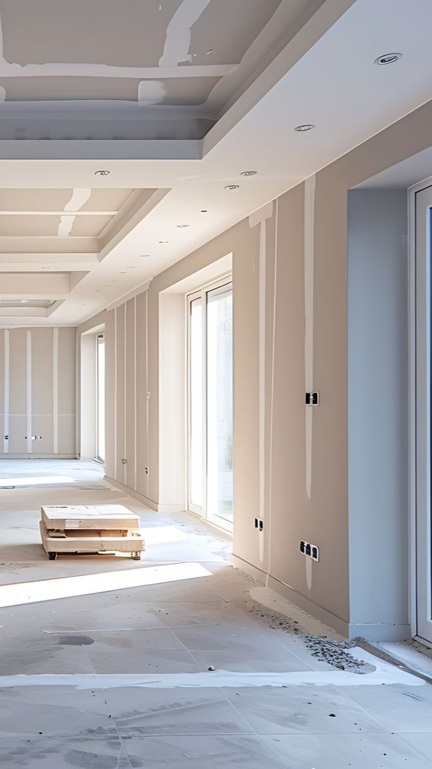 Espace intérieur en cours d'aménagement : murs en plaques de plâtre, panneaux de plafond encastrés et grandes fenêtres.