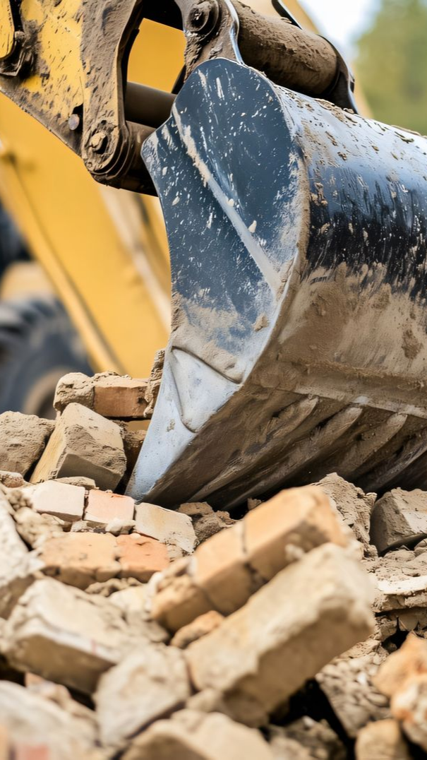Le godet d'une excavatrice concassant des briques sur un chantier de démolition.