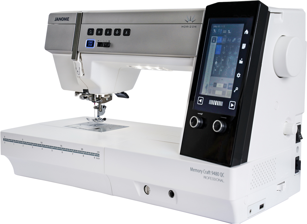 Weiß-silberne Nähmaschine mit großem Touchscreen-Display.