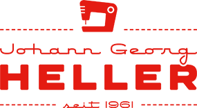 Rotes Logo: Nähmaschinensymbol über dem Namen „Johann Georg Heller“ und „seit 1961“.
