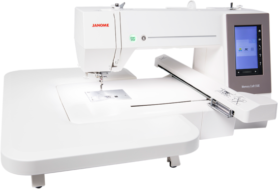 Weiße Näh- und Stickmaschine von Janome mit Touchscreen-Oberfläche.