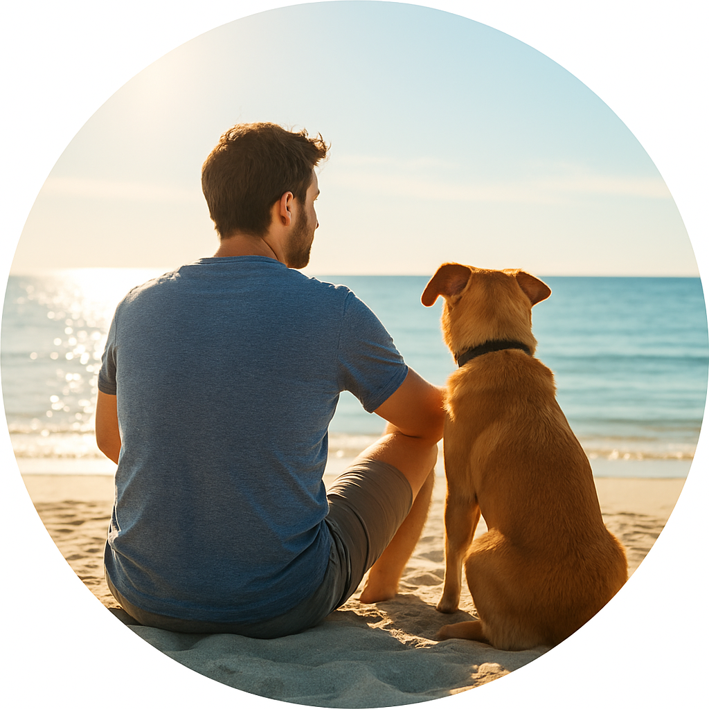 Erfahrung 2forholidays. 5 von 5 Sternen. Ferienpark De Veerstal. Mann mit Hund am See.