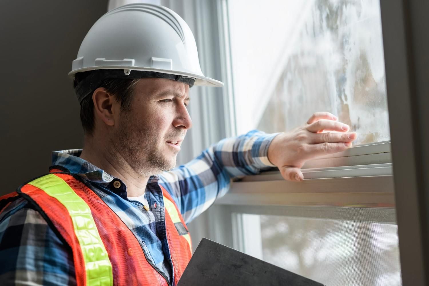 Obrero de la construcción con casco y chaleco de seguridad inspeccionando una ventana.