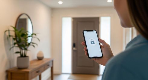 Persona sosteniendo un teléfono inteligente con el icono de candado en el pasillo de una casa moderna.