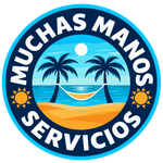Logotipo redondo de Mucha's Manos Servicios con playa, palmeras, sol y hamaca en azul y naranja.