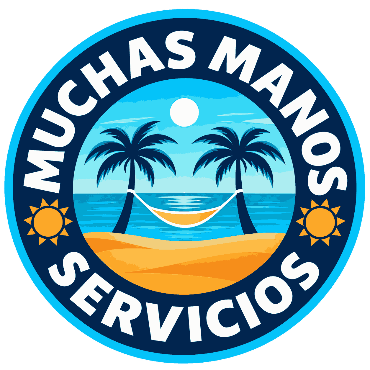 Logotipo redondo de Mucha's Manos Servicios con playa, palmeras, sol y hamaca en azul y naranja.