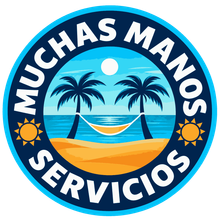 Logotipo redondo de Mucha's Manos Servicios con playa, palmeras, sol y hamaca en azul y naranja.