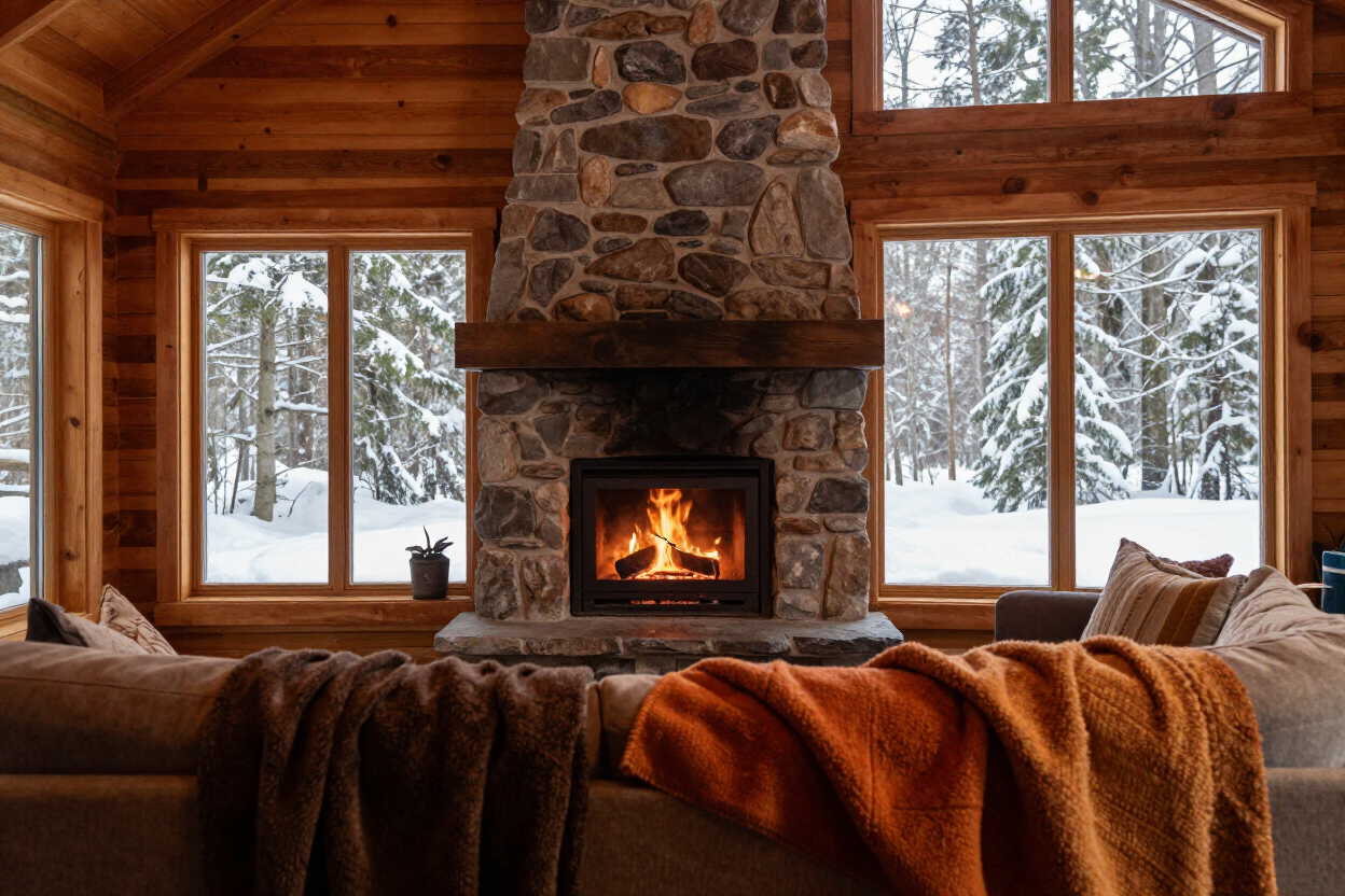 Cozy cabin interior with stone fireplace and mountain forest views