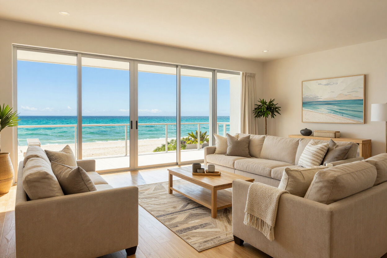 Bright airy Gulf-front condo interior with Gulf views