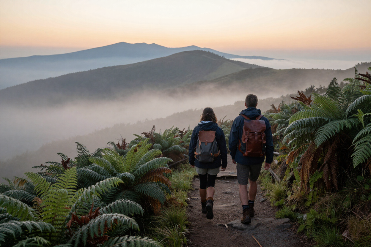 Hikers on misty Appalachian trail at sunrise