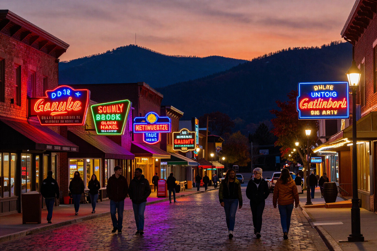 Gatlinburg entertainment strip at dusk