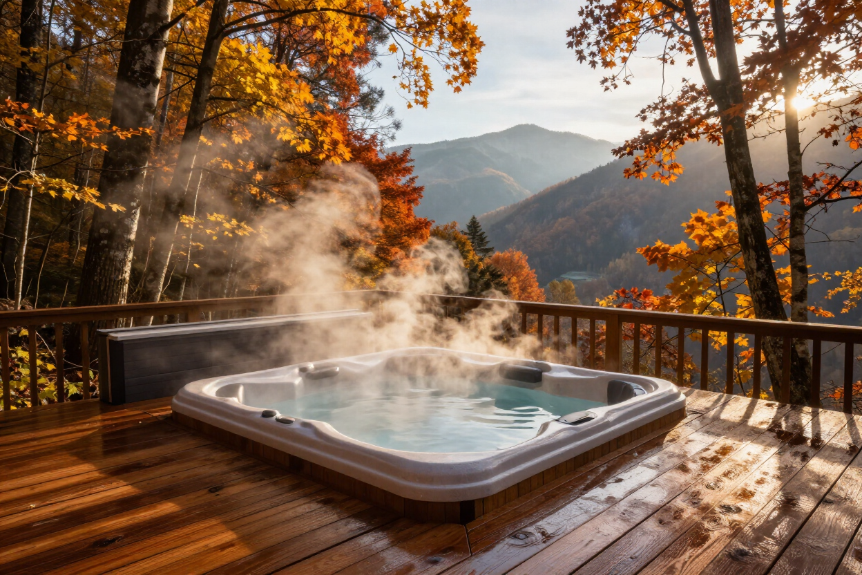 Private hot tub on cabin deck surrounded by autumn woods
