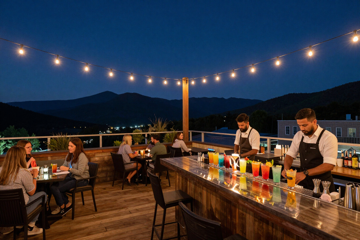 Rooftop bar in Gatlinburg at night with mountain views