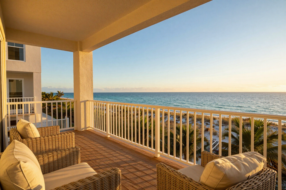 Siesta Key Gulf Front Condo balcony at golden hour