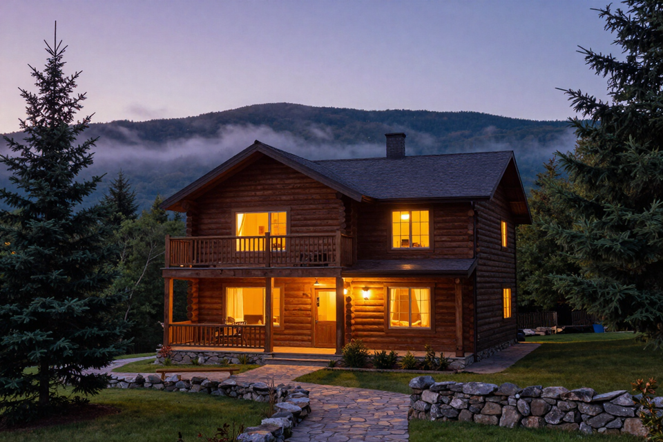 Smoky Mountain cozy log cabin at dusk with glowing windows and mountain mist