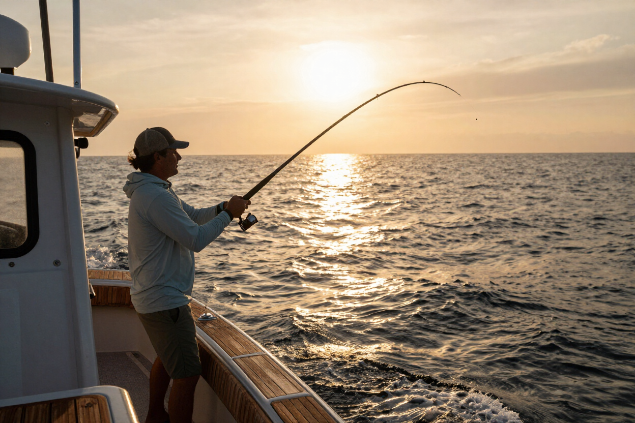 Angler on a fishing charter at golden hour