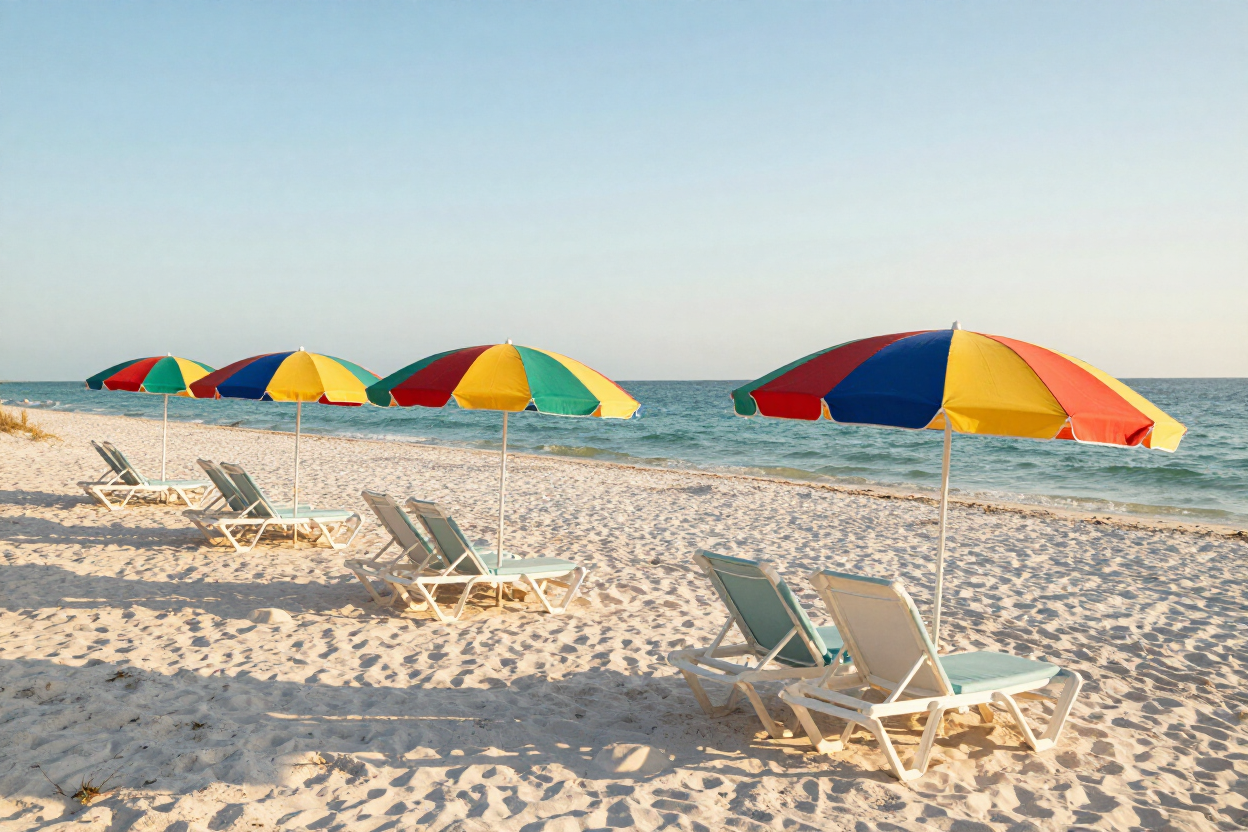 Beach umbrellas and lounge chairs on Siesta Key