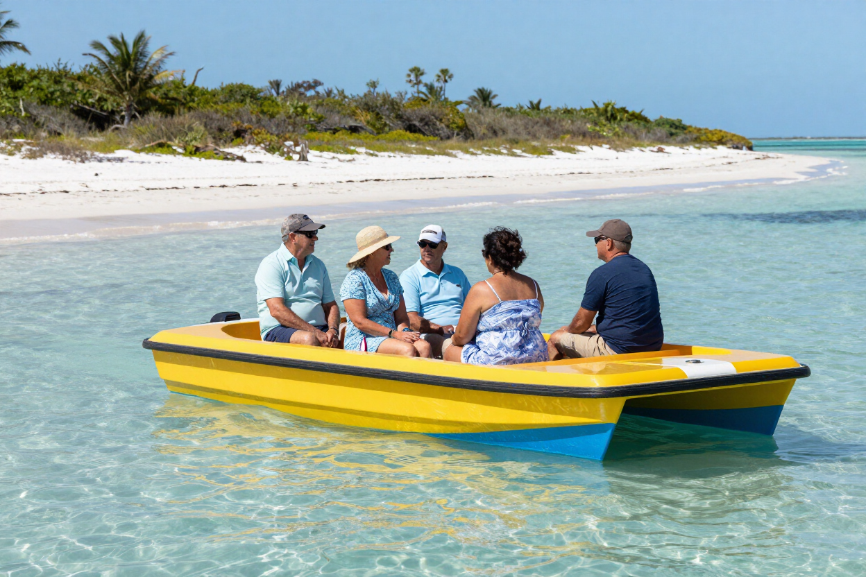 Guests on a water taxi at a sandbar
