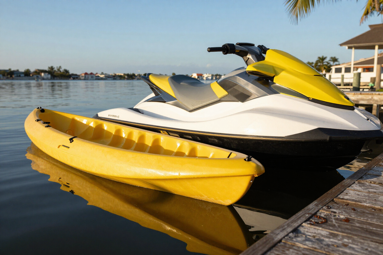 Kayak and jet ski at marina dock