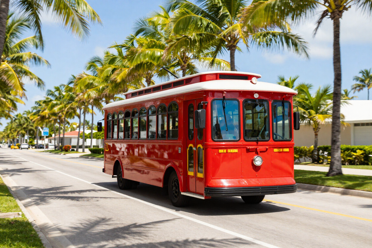 Siesta Key trolley on palm-lined road