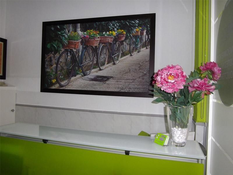 Cuadro de bicicleta enmarcado sobre un estante blanco con un jarrón de flores rosas junto a una cortina verde.