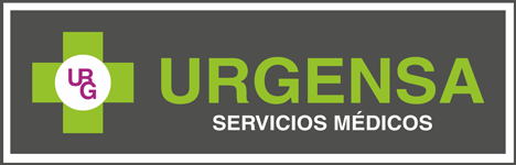 Logotipo de URGENSA Servicios Médicos con cruz verde y fondo blanco sobre una pancarta gris oscuro.