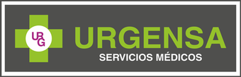 Logotipo de URGENSA Servicios Médicos con cruz verde y fondo blanco sobre una pancarta gris oscuro.