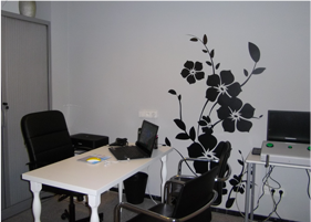 Pequeña oficina con escritorios, sillas negras, computadoras portátiles y un gran vinilo decorativo floral negro en la pared.