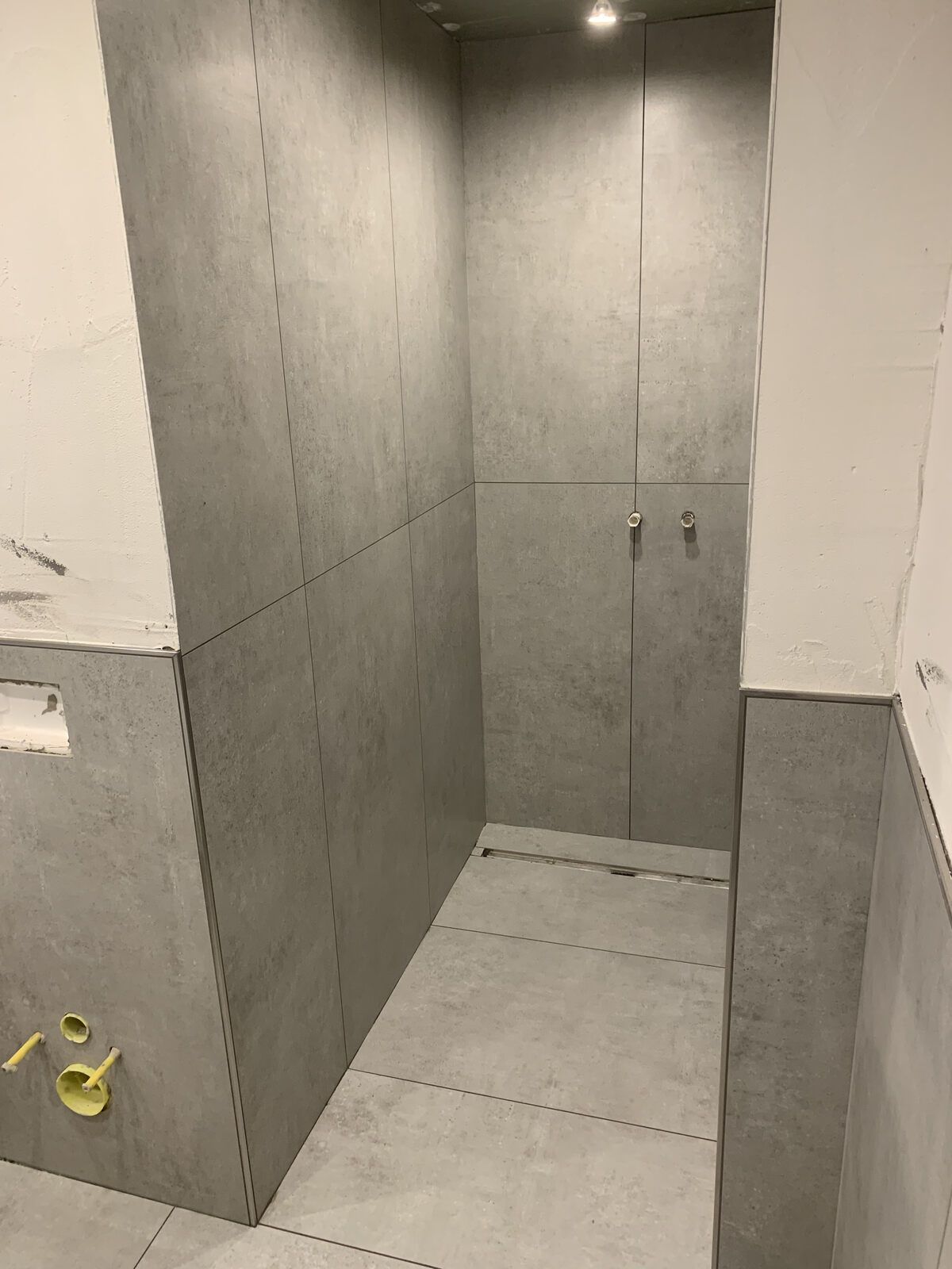 Ein Badezimmer mit ebenerdiger Dusche und Toilette.