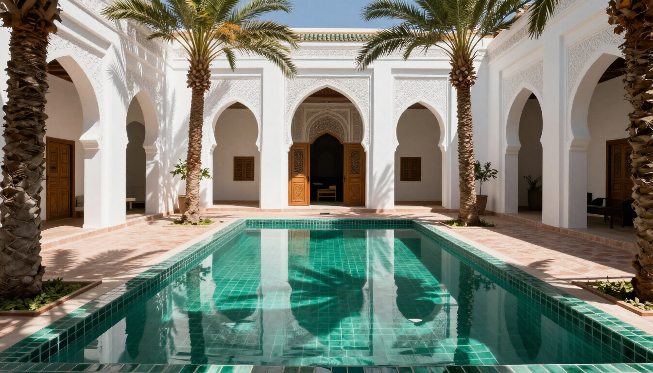 Thé à la menthe traditionnel et pâtisseries marocaines au coucher du soleil sur une terrasse de riad.