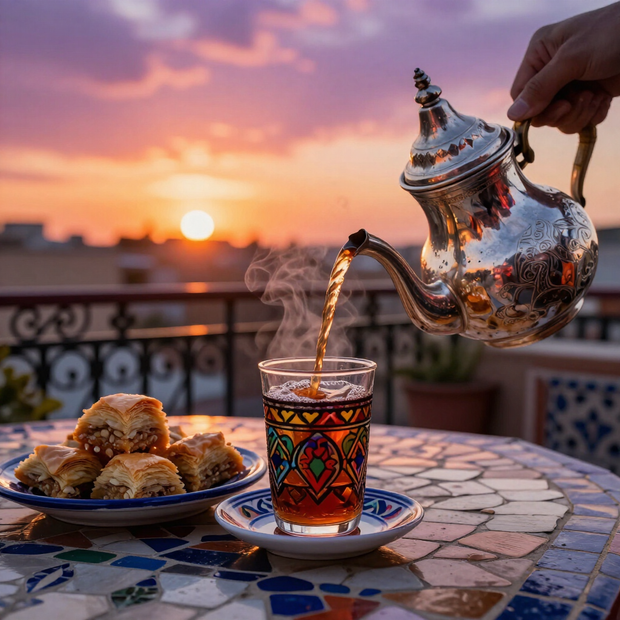 Thé à la menthe marocain versé au coucher du soleil sur la terrasse du Riad Dar JuMa