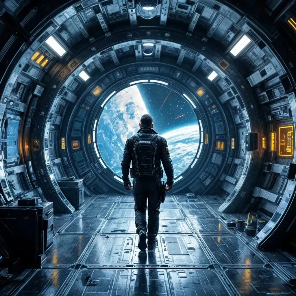 Una persona con equipo táctico camina hacia una ventana circular con vistas a un planeta