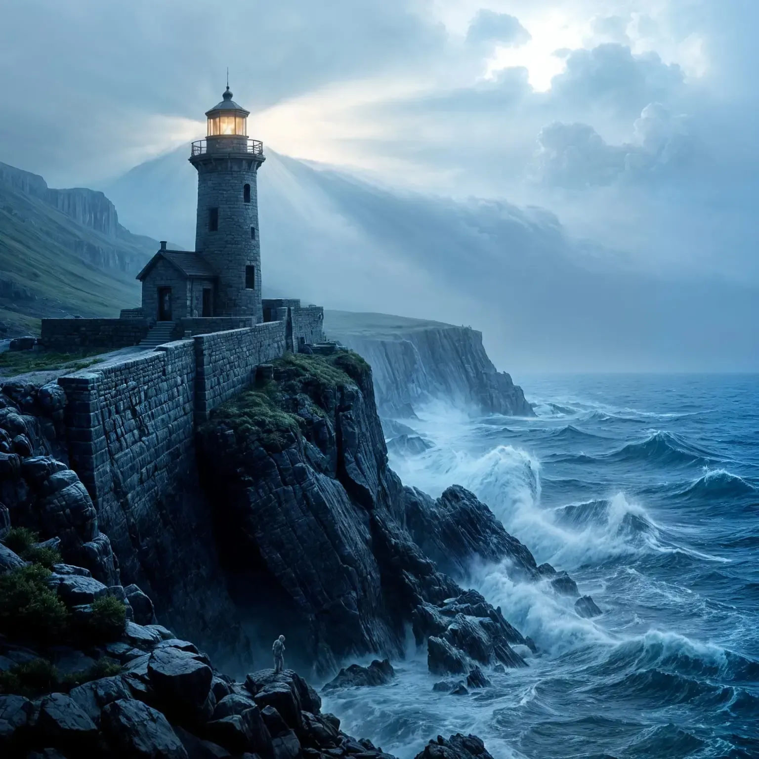 Un faro de piedra se alza sobre el borde de un escarpado acantilado