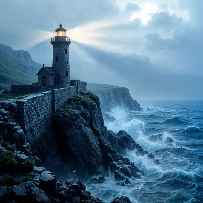 Un faro de piedra se alza sobre el borde de un escarpado acantilado