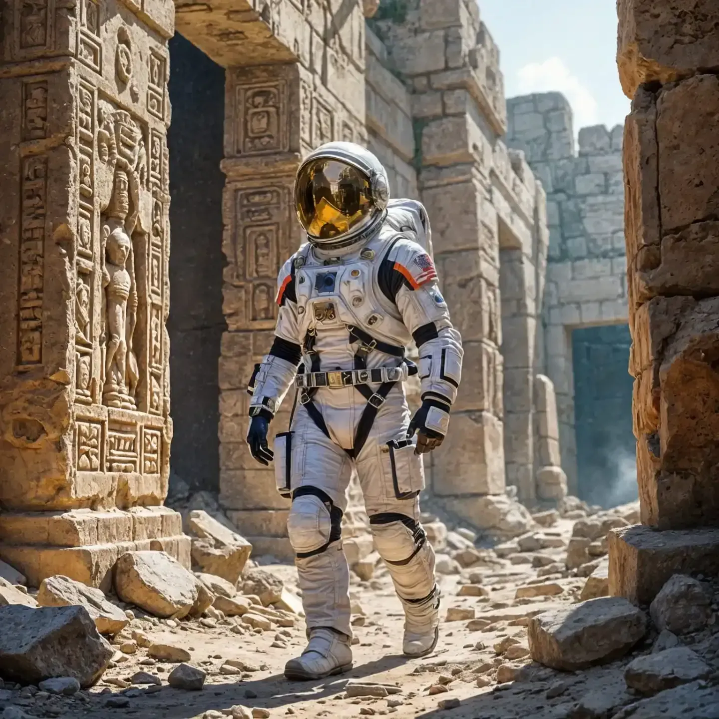 Un astronauta con un traje blanco camina entre las ruinas de un antiguo templo