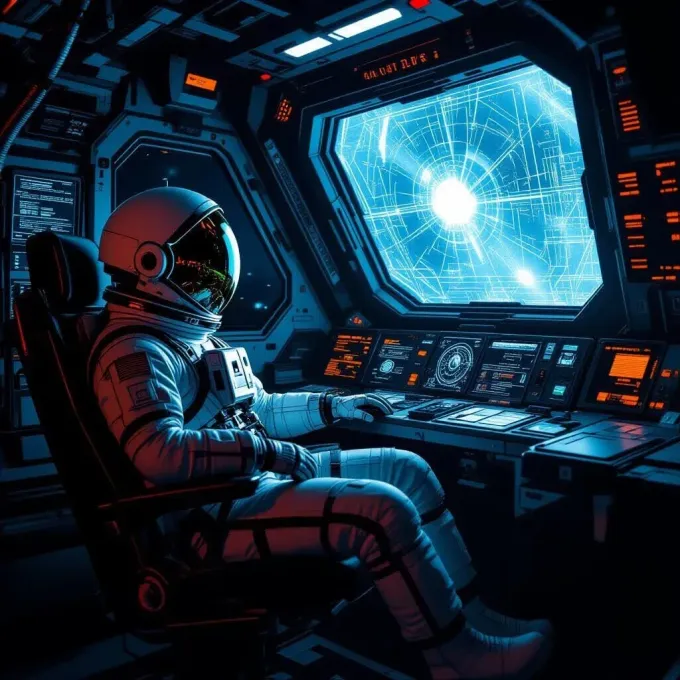 Un astronauta se sienta en la cabina de una nave espacial futurista