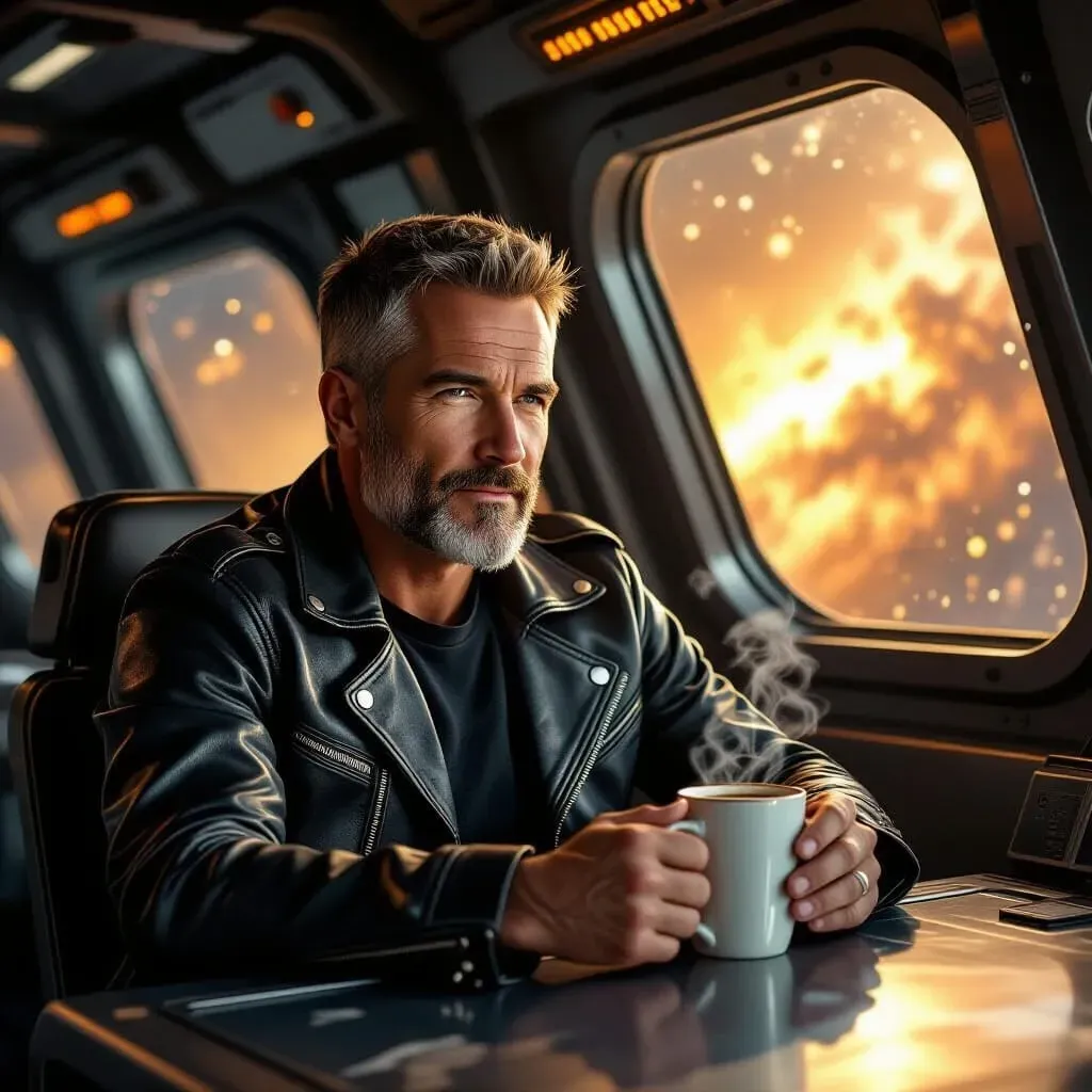 Una persona con chaqueta de cuero sostiene una taza humeante en la cabina de una nave espacial
