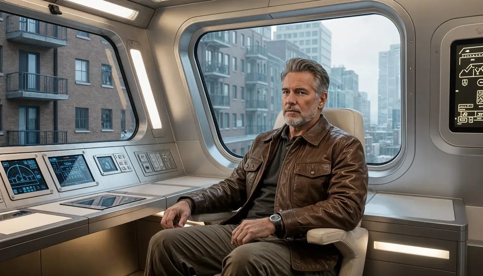 Un hombre está sentado en una silla de sala de control frente a un escritorio