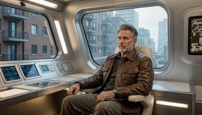 Un hombre está sentado en una silla de sala de control frente a un escritorio