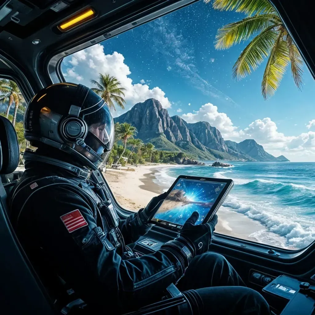 Un astronauta con traje de vuelo está sentado en la cabina, mirando una tableta que muestra una vista de un paisaje costero.