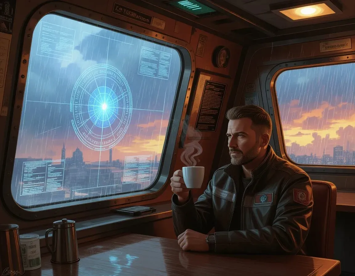 Un hombre con chaqueta bebe de una taza humeante