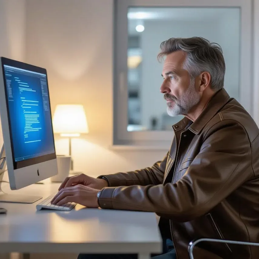 Una persona con una chaqueta marrón trabaja en código informático en un escritorio en una oficina moderna con poca luz.