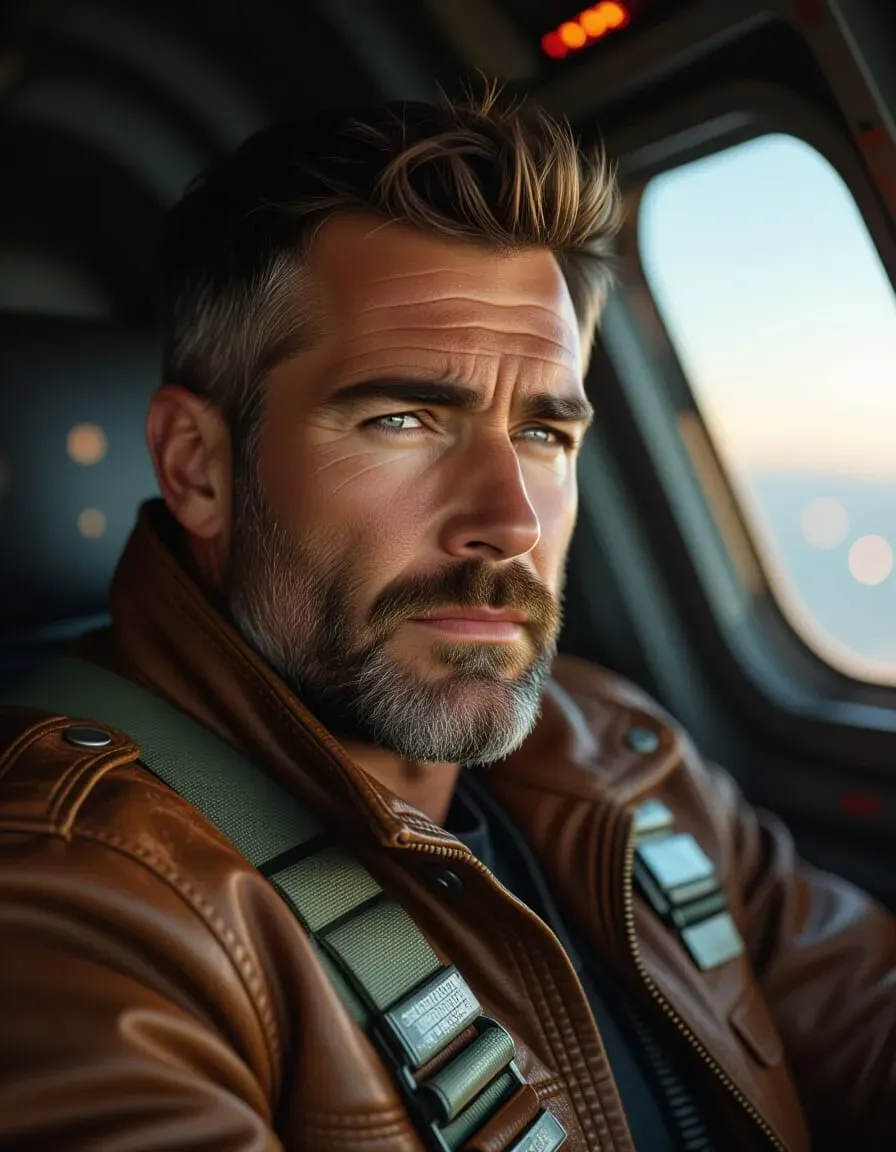 Un hombre con barba corta, vestido con una chaqueta de aviador de cuero marrón, mira desde la cabina de un avión.
