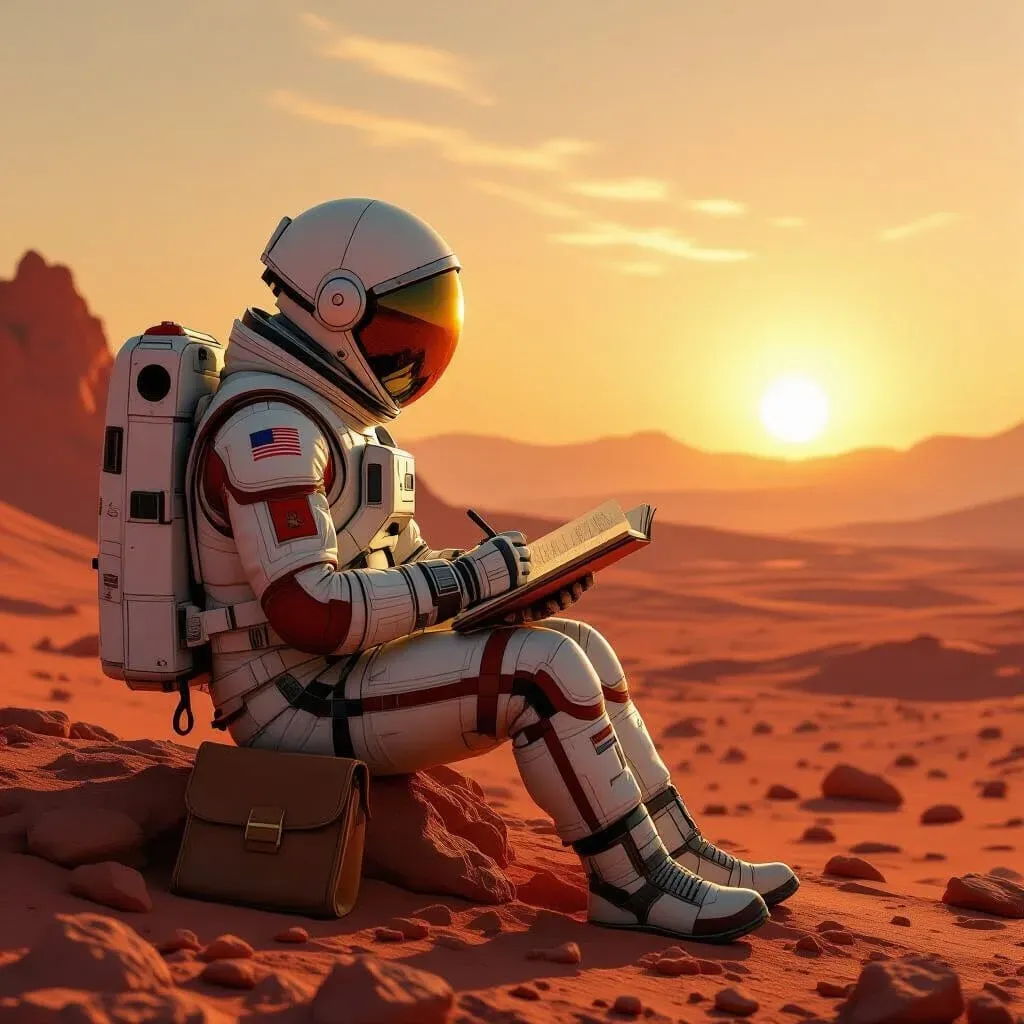 Un astronauta con un traje blanco está sentado sobre un paisaje rocoso y rojizo