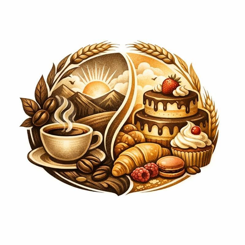 Una ilustraci&oacute;n circular dividida entre la cultura del caf&eacute; a la izquierda y diversos pasteles y postres a la derecha.