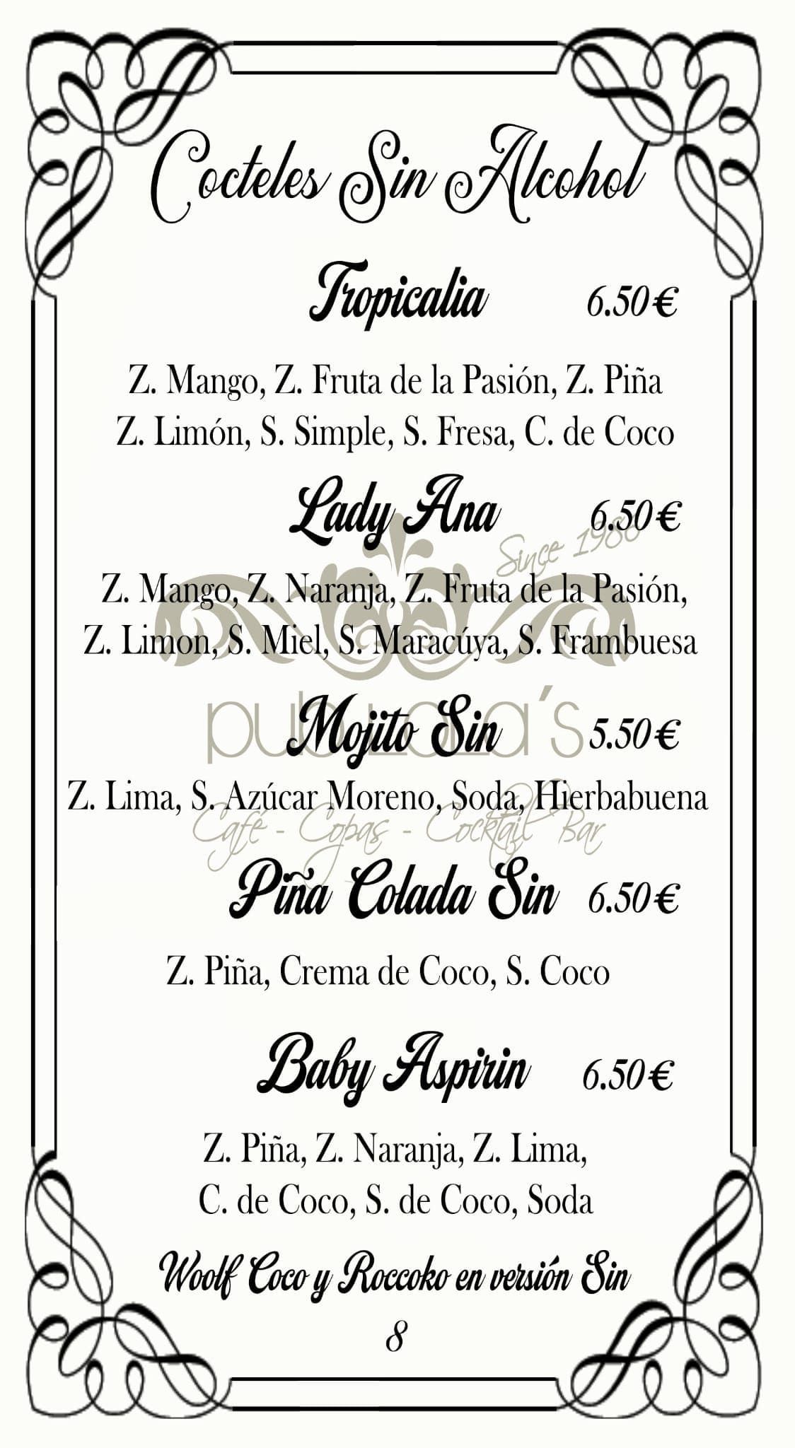 Una carta de cócteles sin alcohol que incluye cinco nombres de bebidas, ingredientes y precios en un borde decorativo y ornamentado.