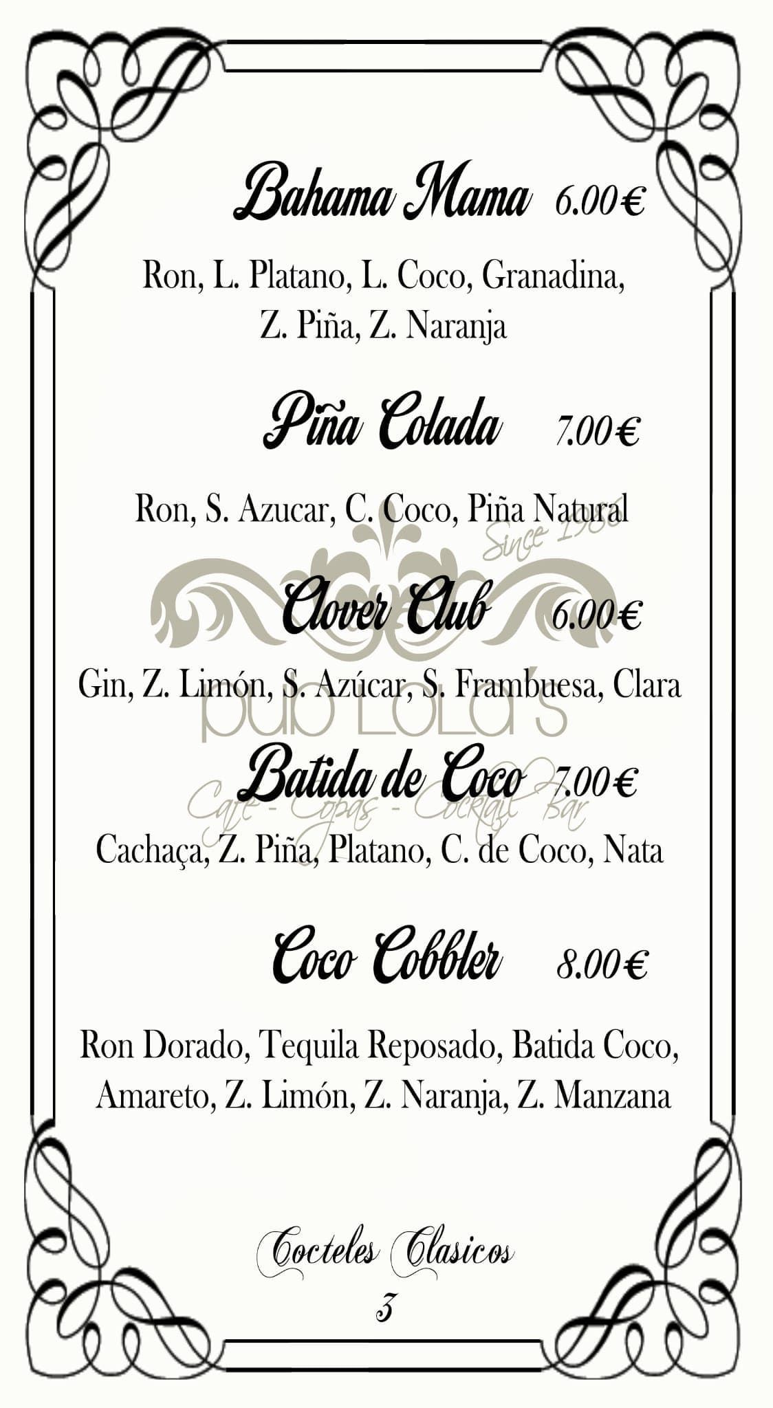 Un menú que incluye una lista de cinco cócteles con sus ingredientes y precios, enmarcado en un elegante borde blanco y negro.