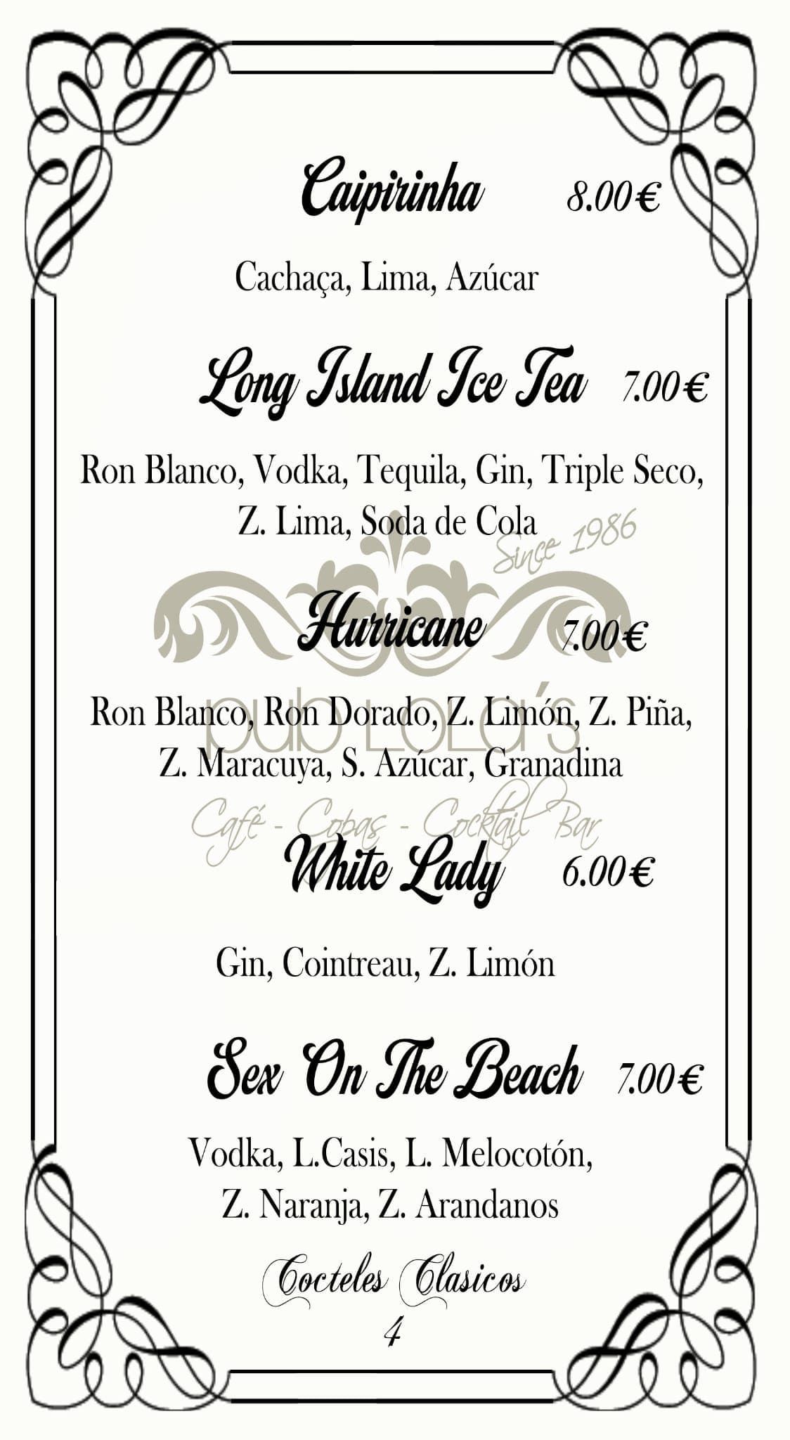 Un menú de estilo retro que incluye una lista de cócteles con sus ingredientes y precios.