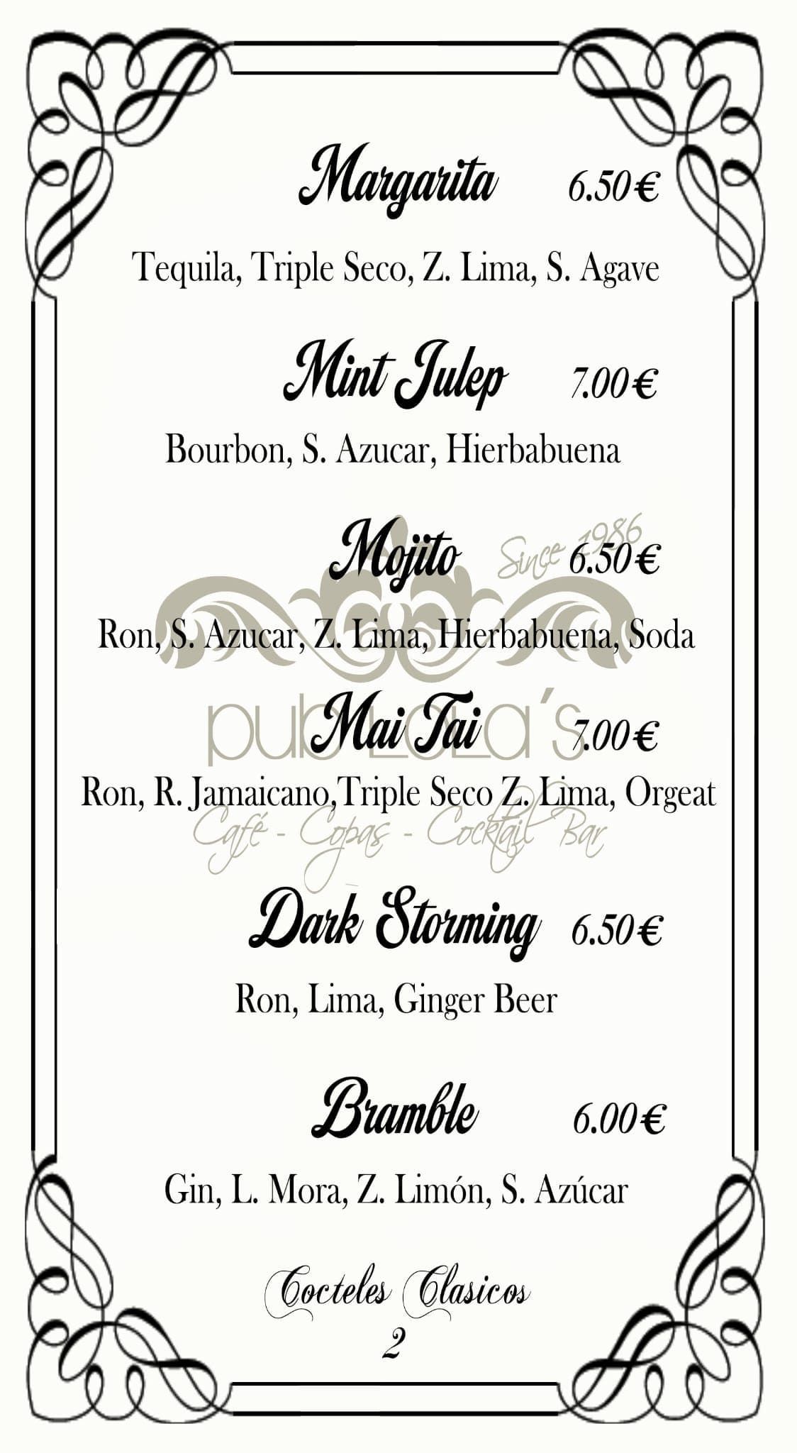 Un menú con seis cócteles, precios e ingredientes, enmarcado en un borde negro decorativo y ornamentado sobre un fondo blanco.